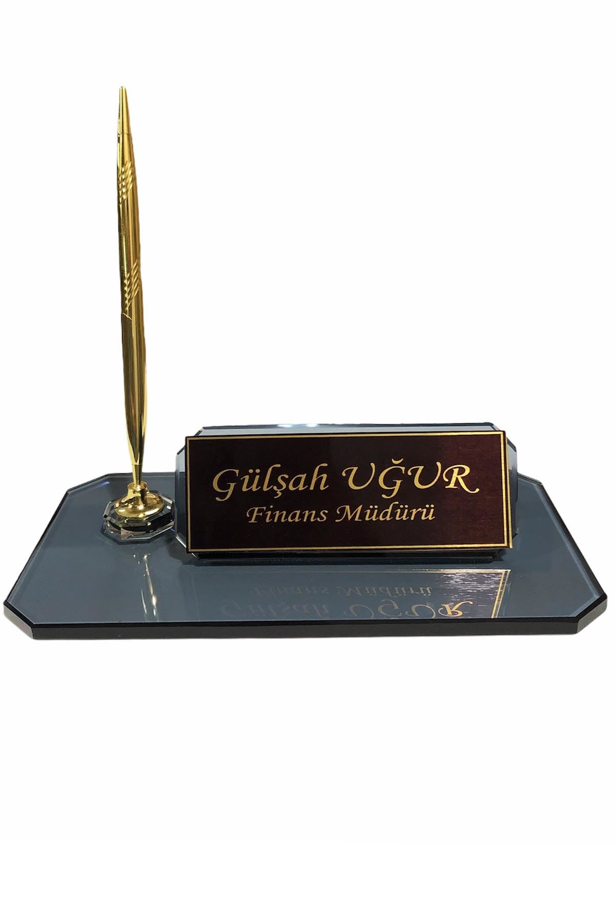 MOOG Black Glass Desk Name Plate With Clock