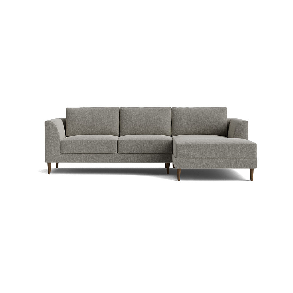 Dekayess Chaise 98" Sectional with gray upholstery features three cushions and a right-side chaise. It has short wooden legs, boasting a clean, modern design, and is displayed against a plain white background.