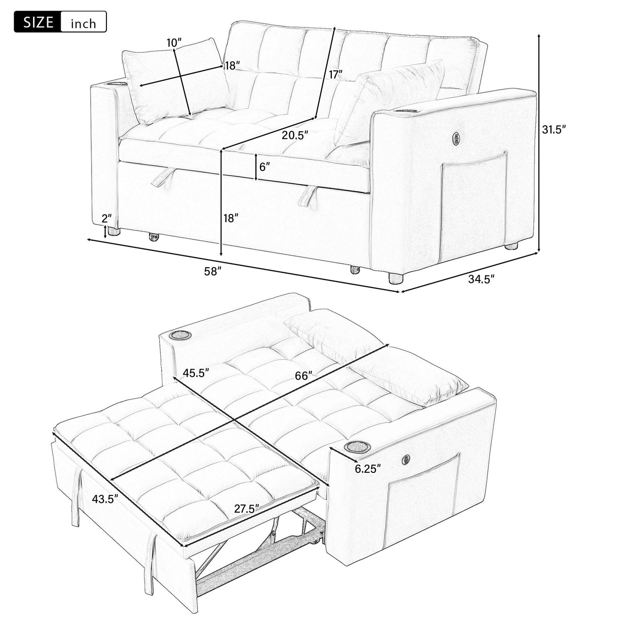 Multi Functional Sofa Bed With Cup Holder And USB Port For Living Room Or Apartments by Couch.com