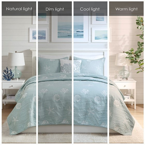 4 Piece Cotton Reversible Embroidered Quilt Set with Throw Pillow Aqua King/Cal King
