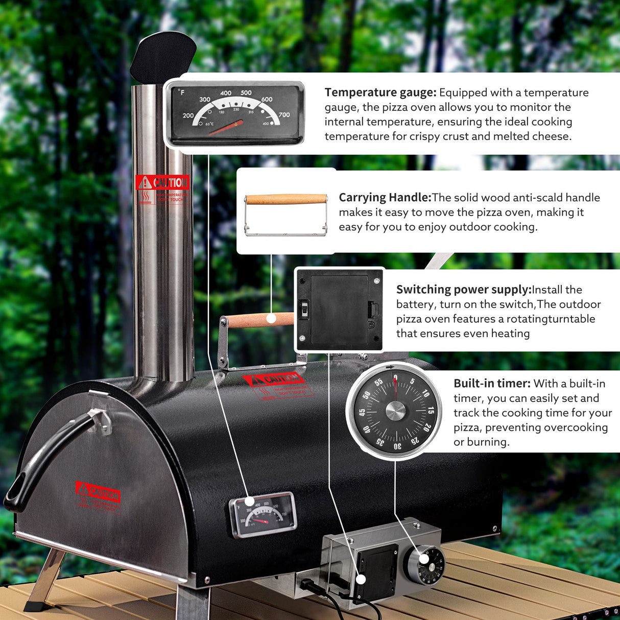 Pizza Oven Outdoor 12" Automatic Rotatable Pizza Ovens Portable Stainless Steel Wood Fired Pizza Oven Pizza Maker With Built-In Thermometer Pizza Cutter Carry Bag by Couch.com