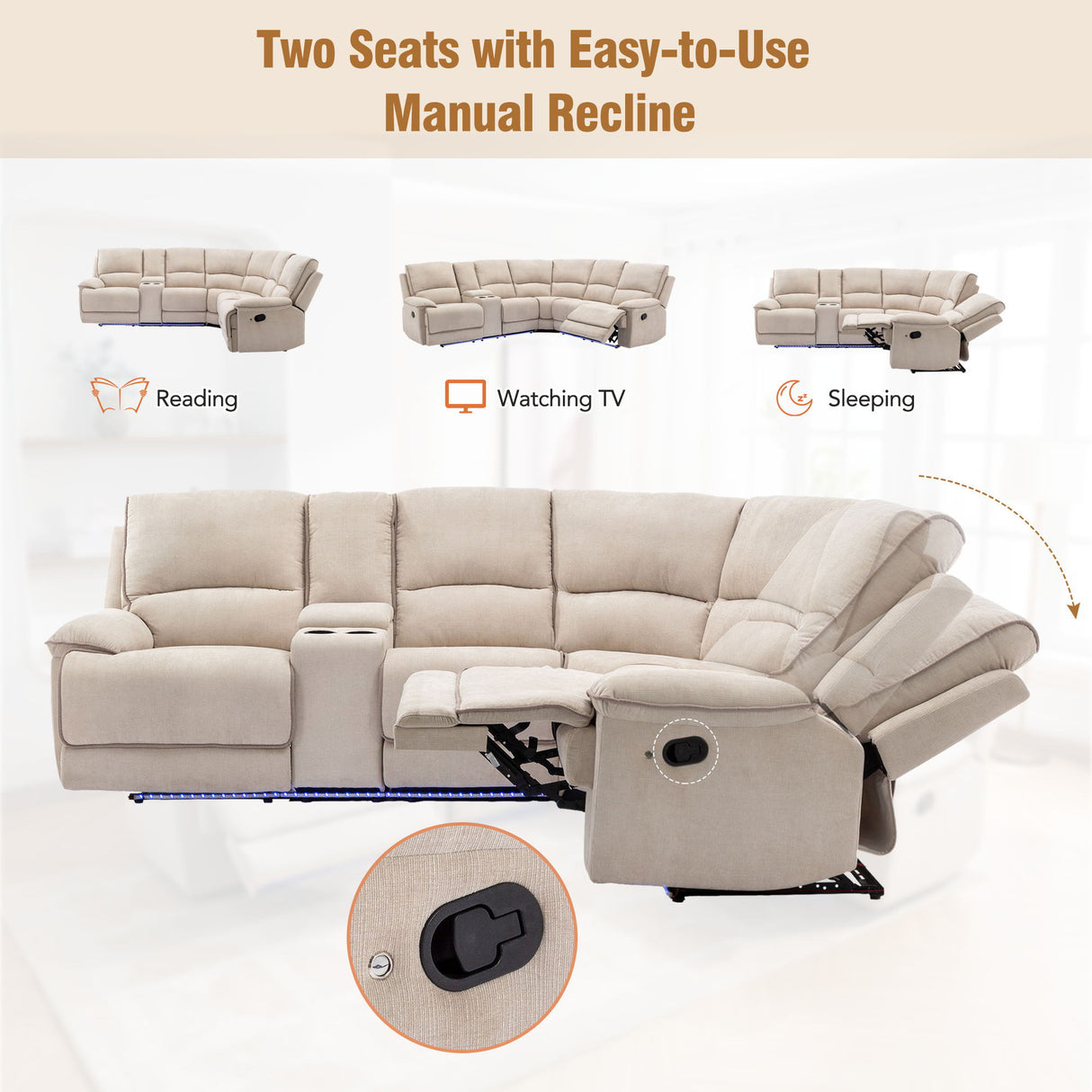 Modern Manual Reclining Living Room Furniture Set With USB Ports, Hidden Storage, Led Light Strip And 2 Cup Holders - Cream by Couch.com