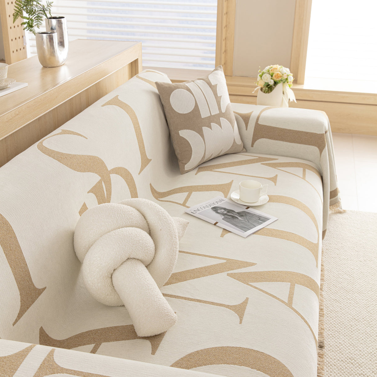 Chenille Jacquard Alphabet Sofa Blanket Cover, L Shape Sofa Cover, Reversible Couch Covers for Dogs