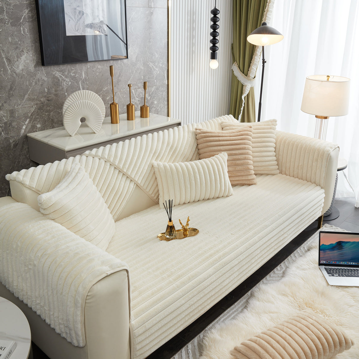 Winter Thickened Rabbit Plush Non-slip Sofa Cushion, Faux Fur Fluffy Furniture Protector