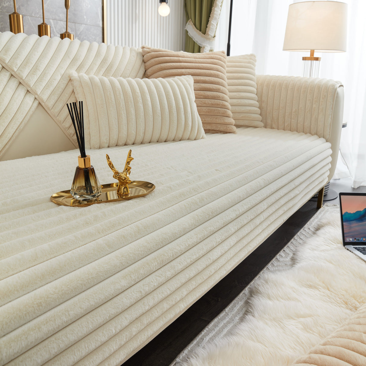 Winter Thickened Rabbit Plush Non-slip Sofa Cushion, Faux Fur Fluffy Furniture Protector