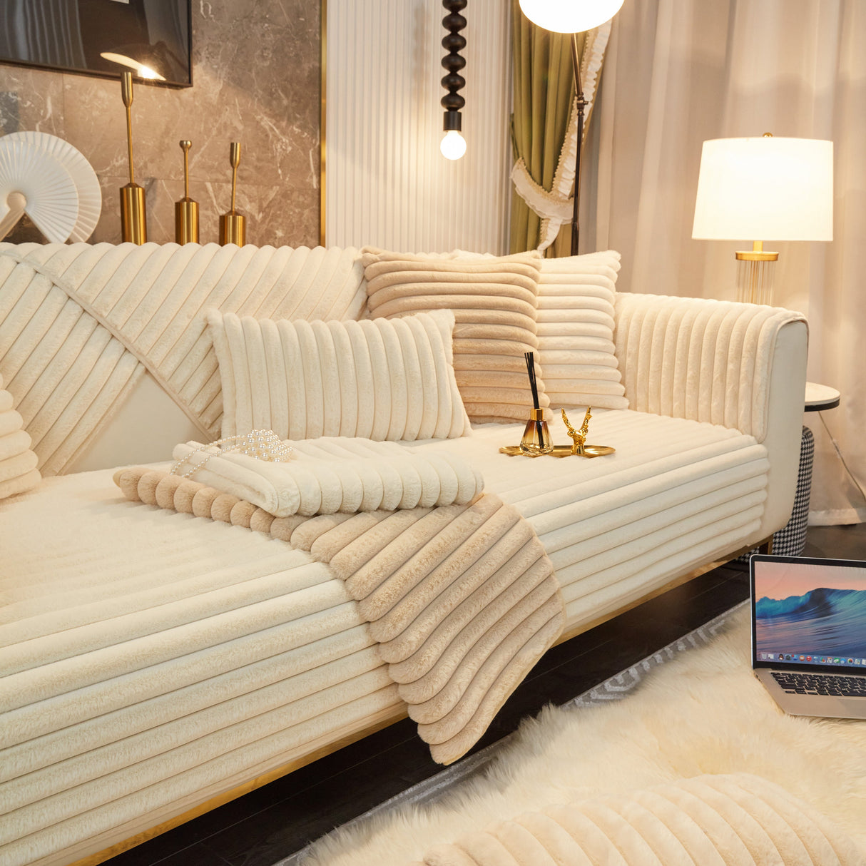 Winter Thickened Rabbit Plush Non-slip Sofa Cushion, Faux Fur Fluffy Furniture Protector