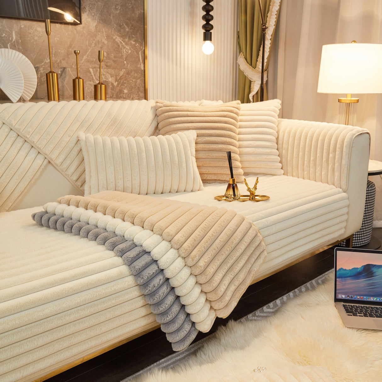 Winter Thickened Rabbit Plush Non-slip Sofa Cushion, Faux Fur Fluffy Furniture Protector