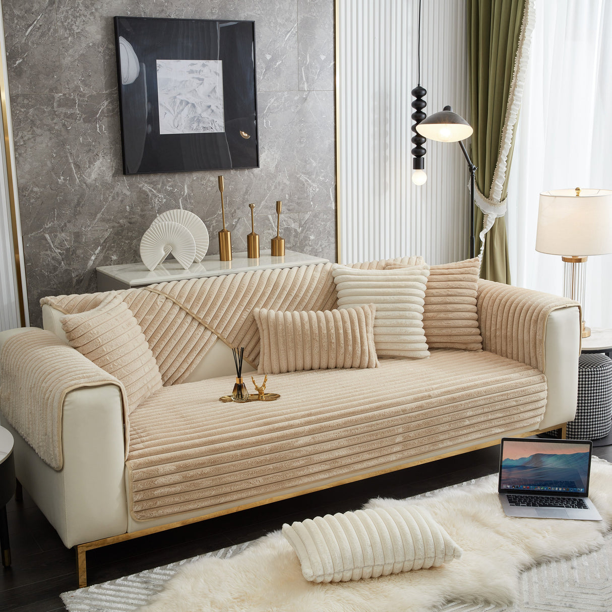 Winter Thickened Rabbit Plush Non-slip Sofa Cushion, Faux Fur Fluffy Furniture Protector