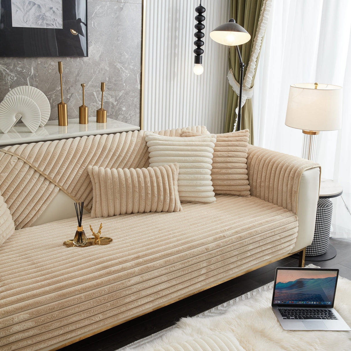 Winter Thickened Rabbit Plush Non-slip Sofa Cushion, Faux Fur Fluffy Furniture Protector