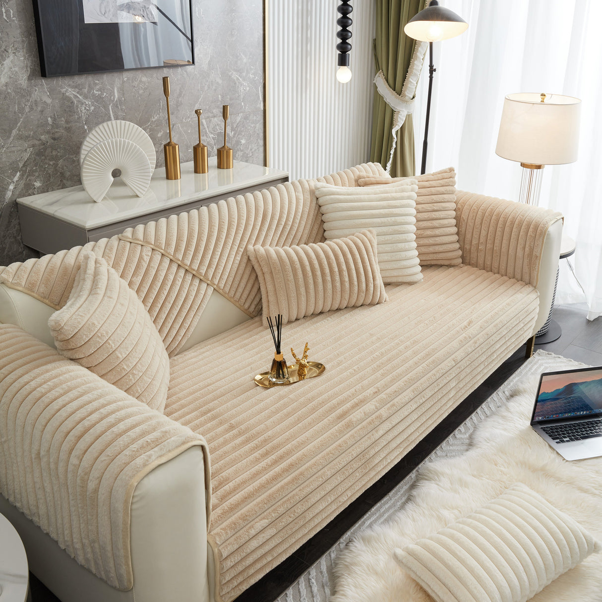 Winter Thickened Rabbit Plush Non-slip Sofa Cushion, Faux Fur Fluffy Furniture Protector