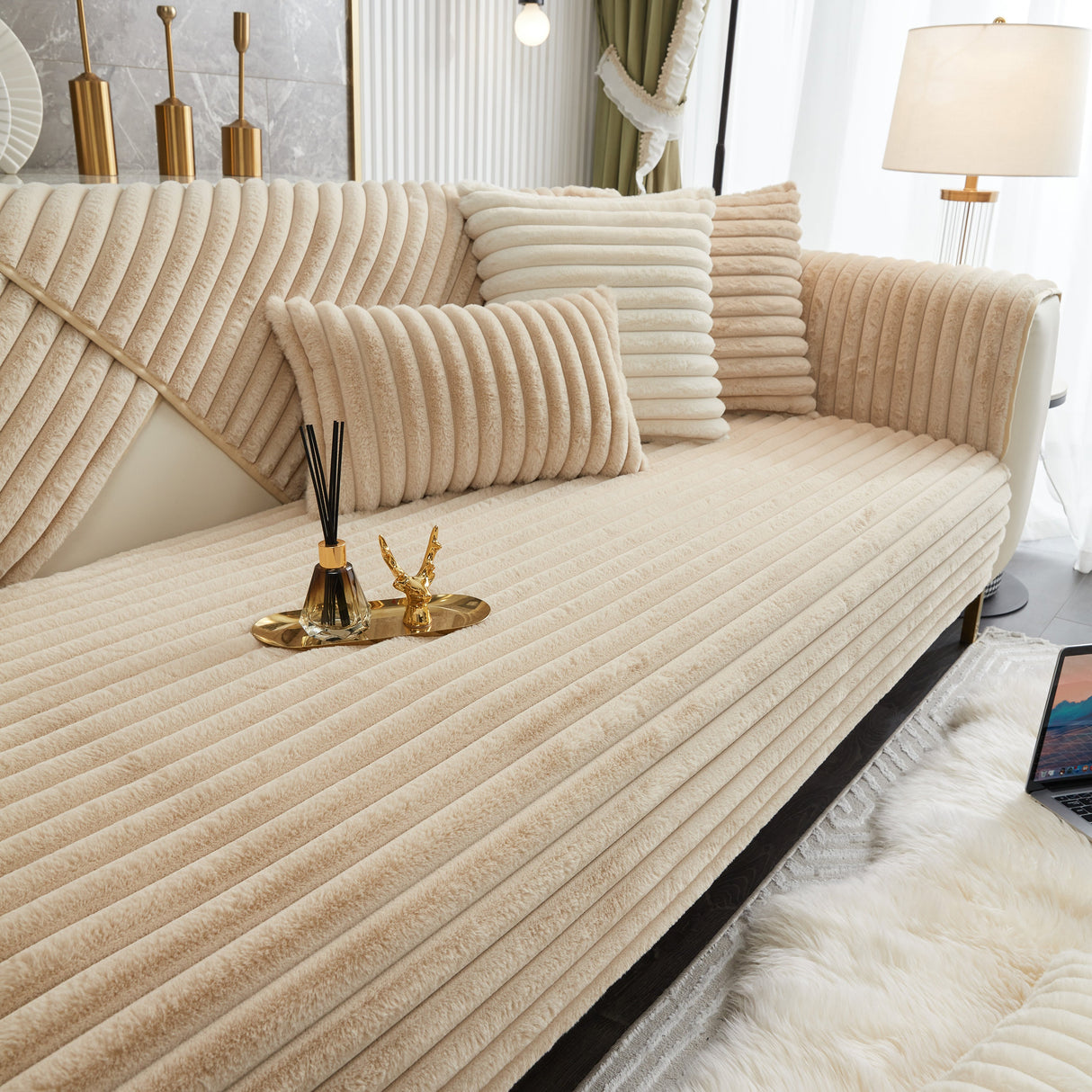 Winter Thickened Rabbit Plush Non-slip Sofa Cushion, Faux Fur Fluffy Furniture Protector