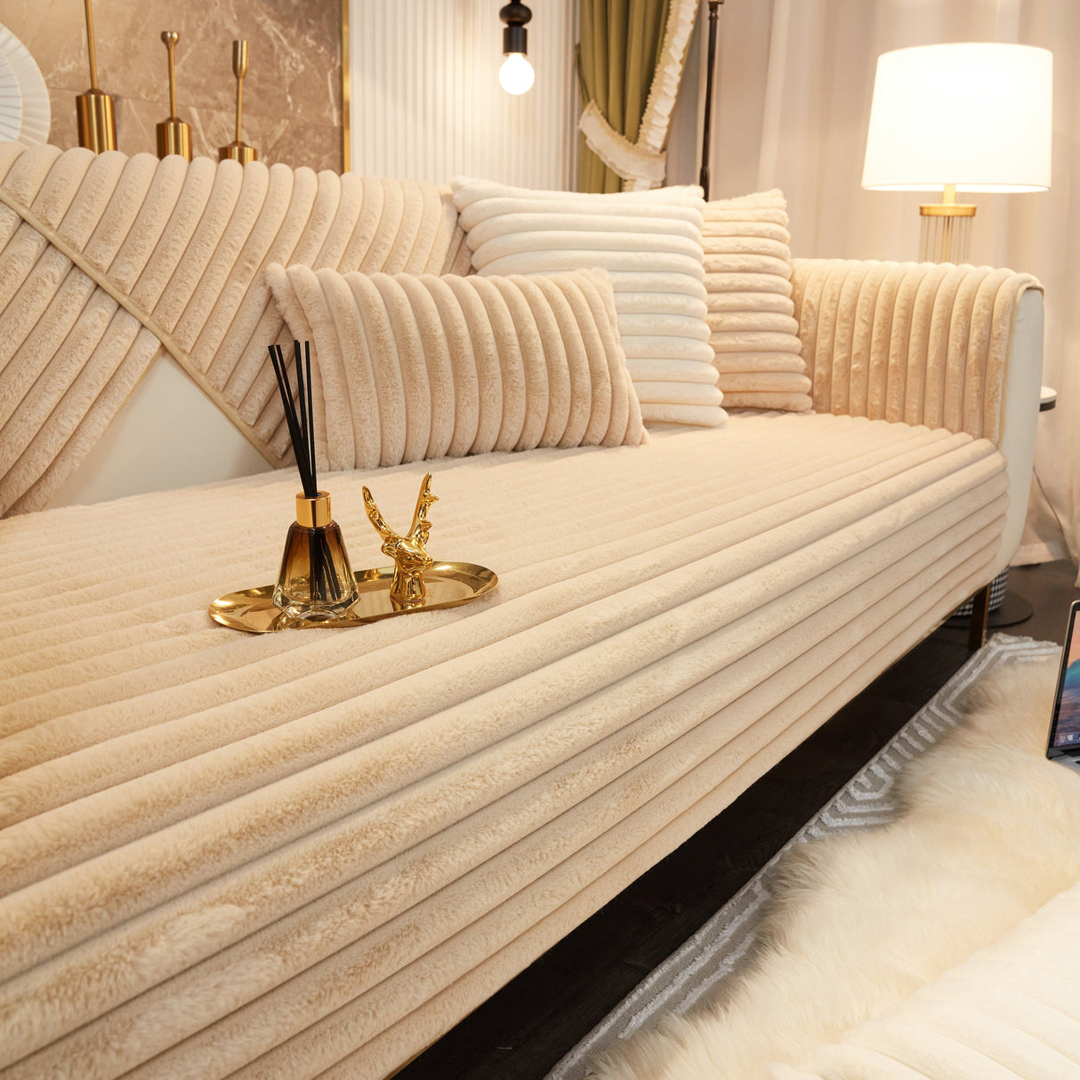 Winter Thickened Rabbit Plush Non-slip Sofa Cushion, Faux Fur Fluffy Furniture Protector