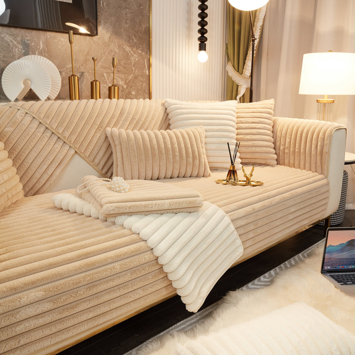 Winter Thickened Rabbit Plush Non-slip Sofa Cushion, Faux Fur Fluffy Furniture Protector