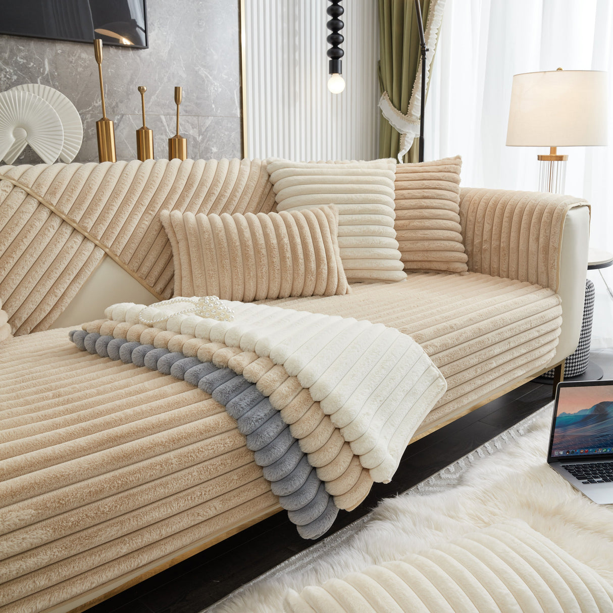 Winter Thickened Rabbit Plush Non-slip Sofa Cushion, Faux Fur Fluffy Furniture Protector