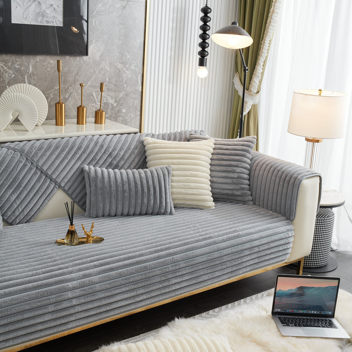 Winter Thickened Rabbit Plush Non-slip Sofa Cushion, Faux Fur Fluffy Furniture Protector