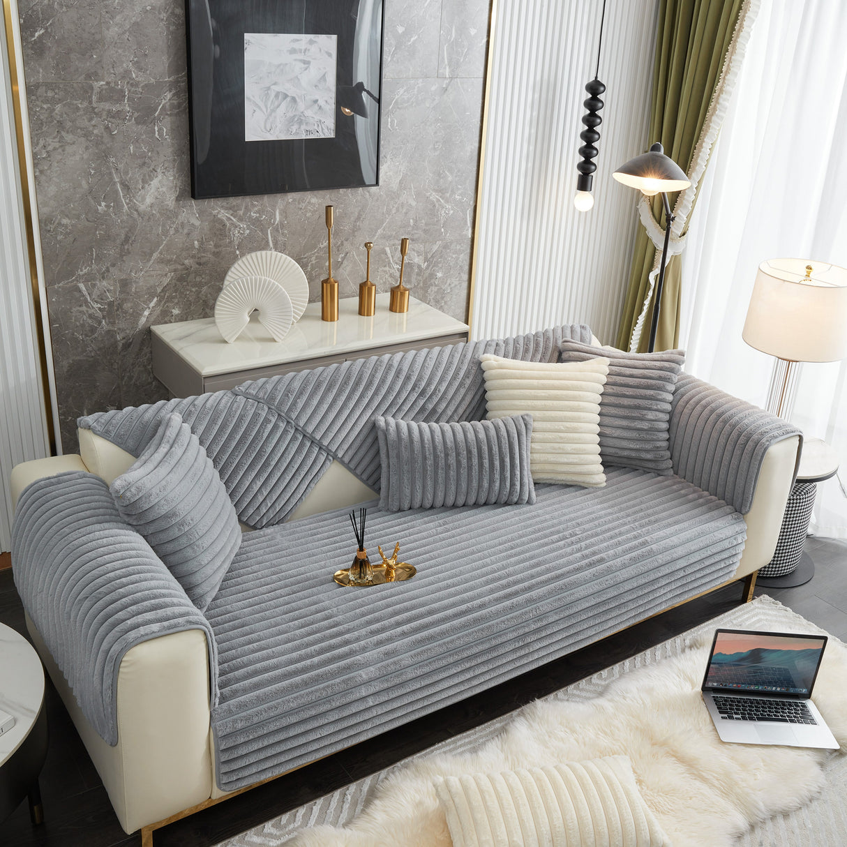 Winter Thickened Rabbit Plush Non-slip Sofa Cushion, Faux Fur Fluffy Furniture Protector