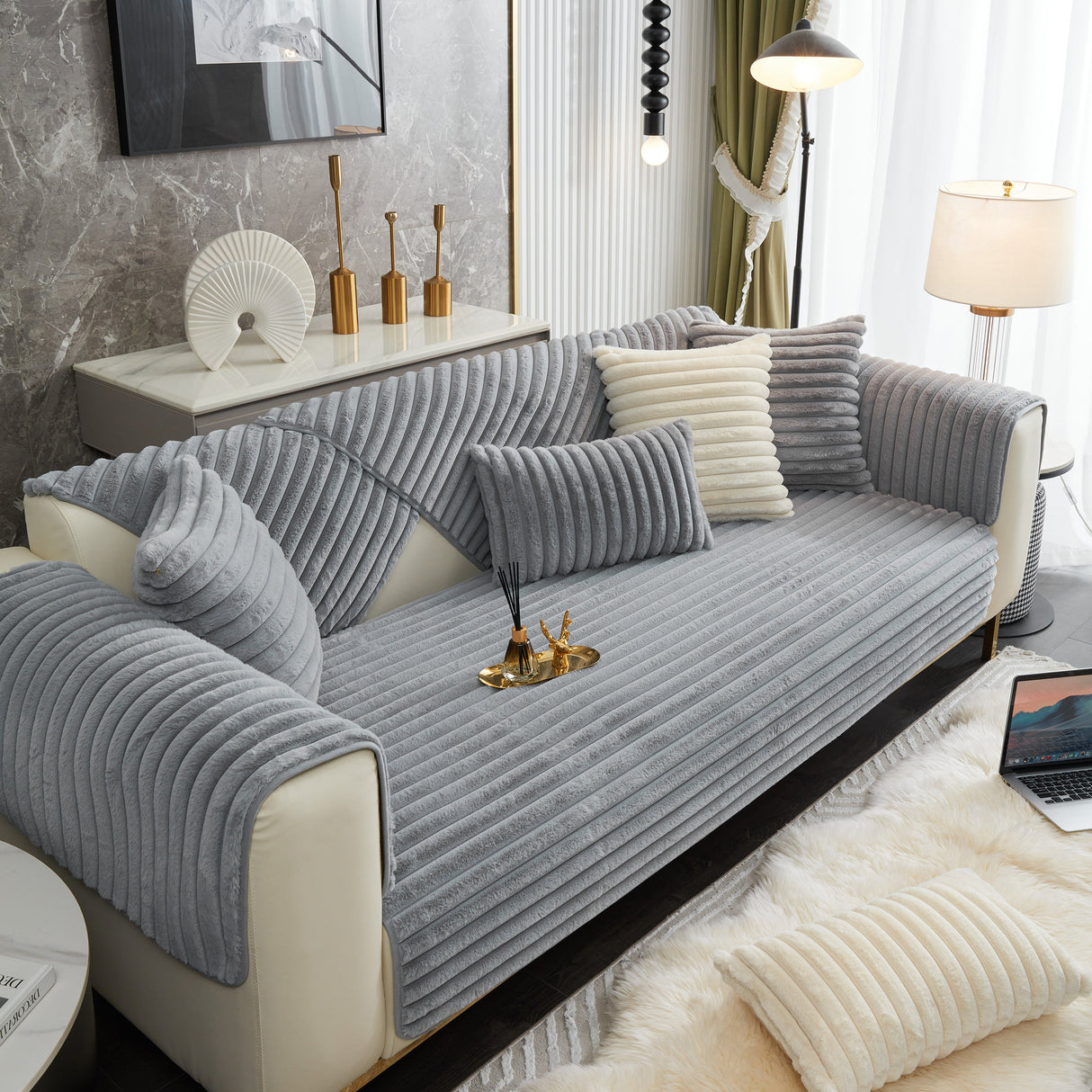 Winter Thickened Rabbit Plush Non-slip Sofa Cushion, Faux Fur Fluffy Furniture Protector