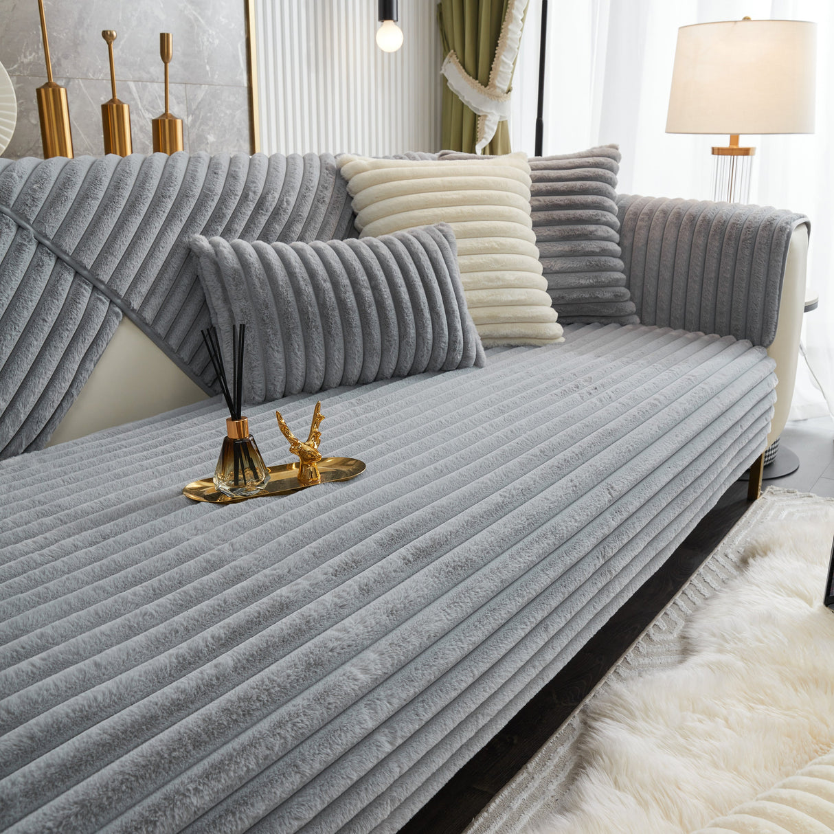 Winter Thickened Rabbit Plush Non-slip Sofa Cushion, Faux Fur Fluffy Furniture Protector