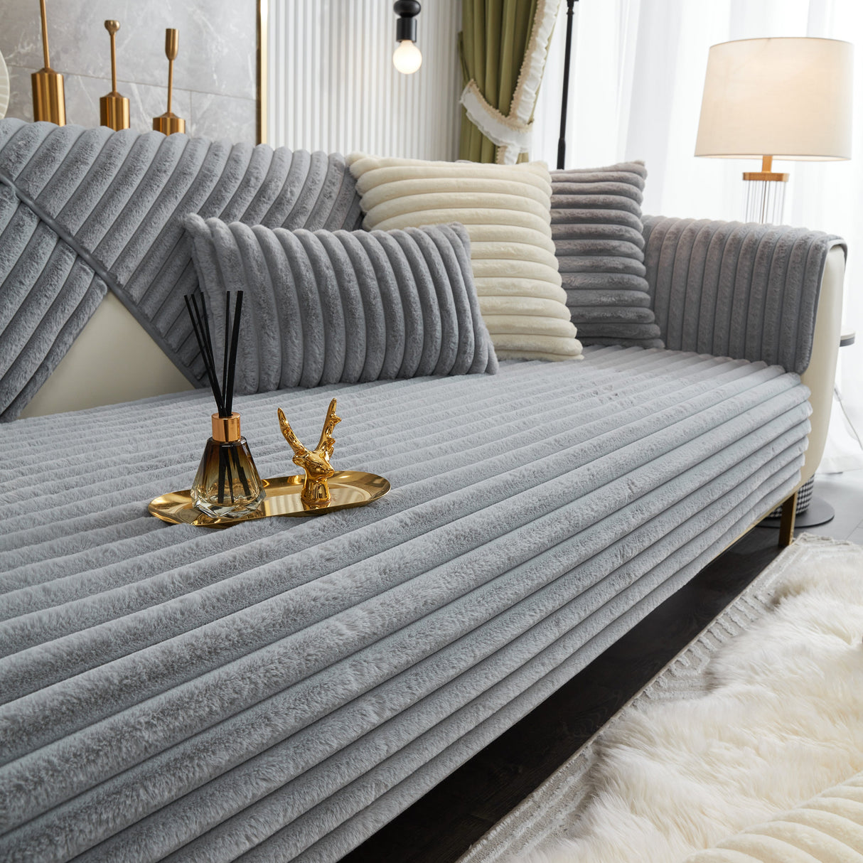 Winter Thickened Rabbit Plush Non-slip Sofa Cushion, Faux Fur Fluffy Furniture Protector