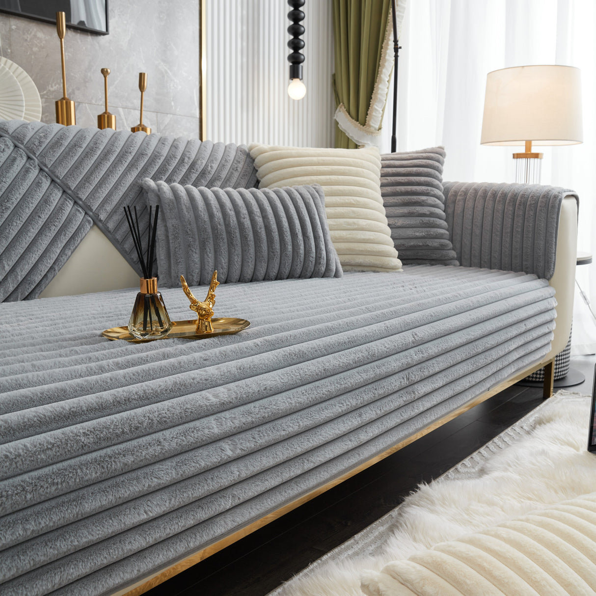 Winter Thickened Rabbit Plush Non-slip Sofa Cushion, Faux Fur Fluffy Furniture Protector