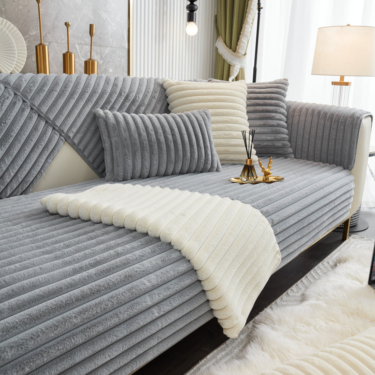 Winter Thickened Rabbit Plush Non-slip Sofa Cushion, Faux Fur Fluffy Furniture Protector