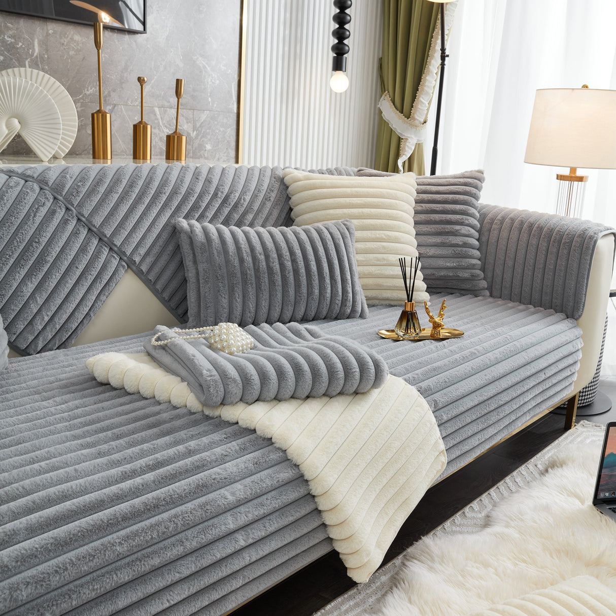 Winter Thickened Rabbit Plush Non-slip Sofa Cushion, Faux Fur Fluffy Furniture Protector