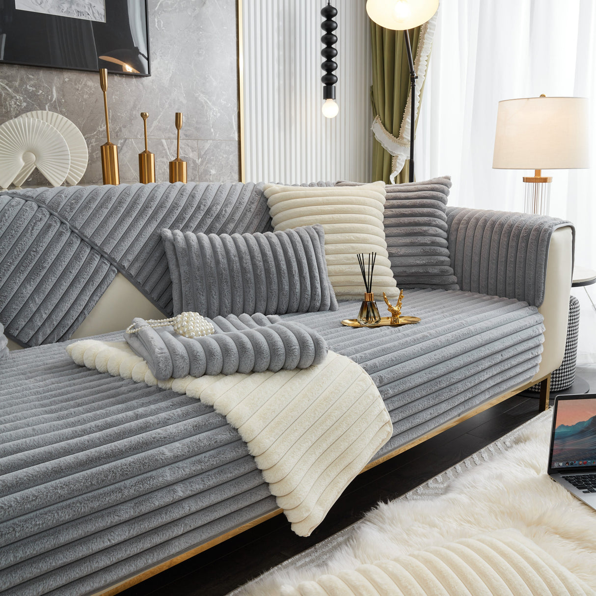 Winter Thickened Rabbit Plush Non-slip Sofa Cushion, Faux Fur Fluffy Furniture Protector