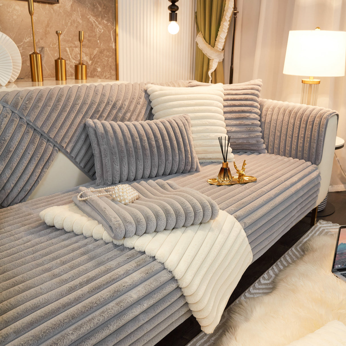 Winter Thickened Rabbit Plush Non-slip Sofa Cushion, Faux Fur Fluffy Furniture Protector