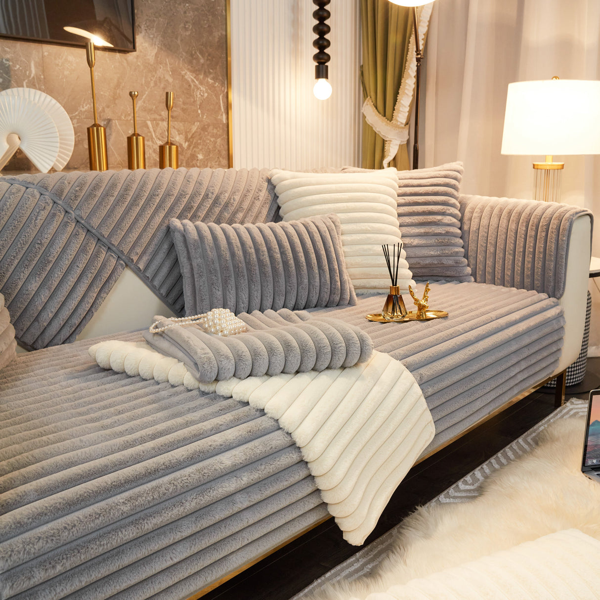 Winter Thickened Rabbit Plush Non-slip Sofa Cushion, Faux Fur Fluffy Furniture Protector