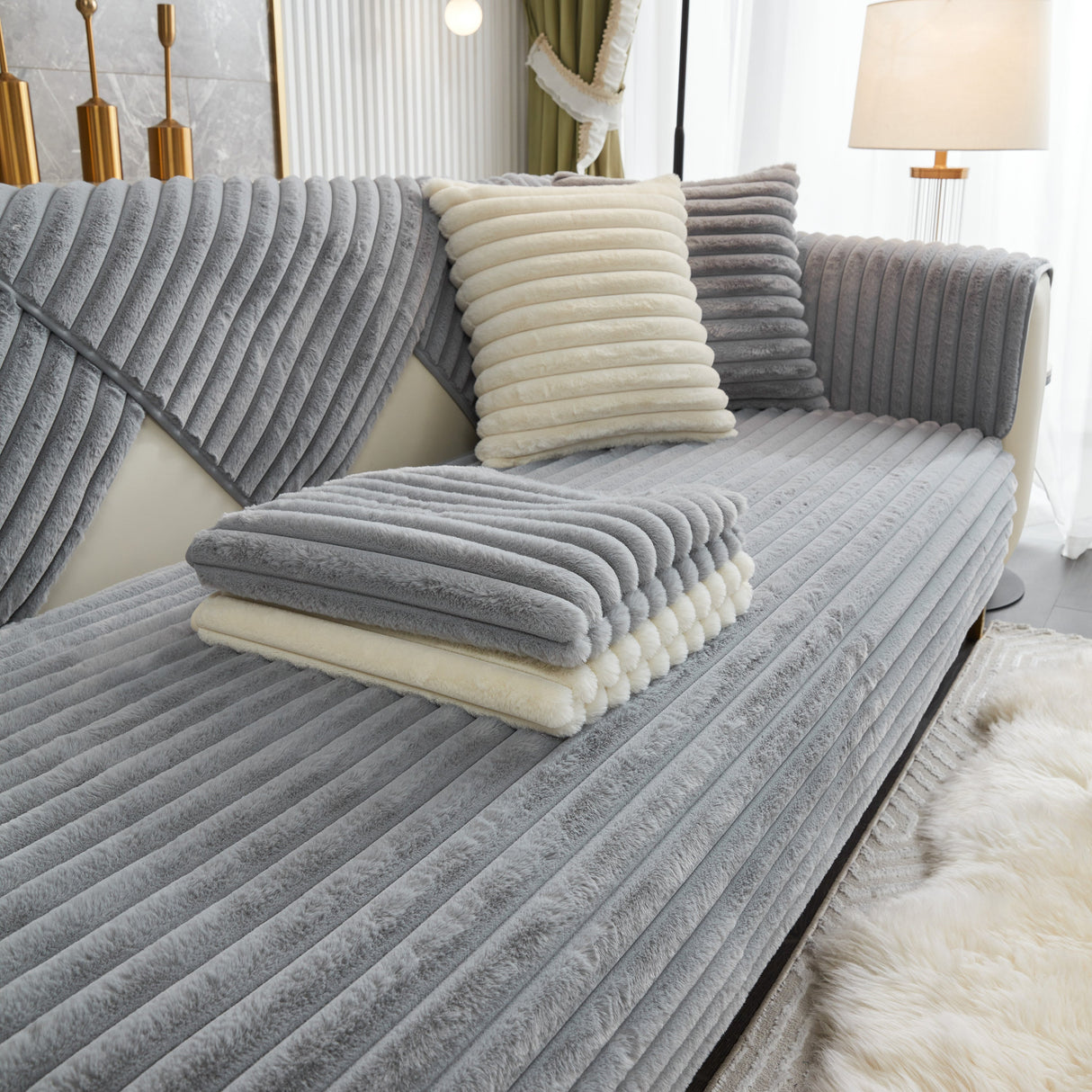 Winter Thickened Rabbit Plush Non-slip Sofa Cushion, Faux Fur Fluffy Furniture Protector