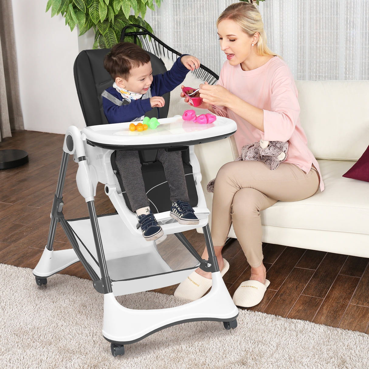 A-Shaped High Chair with 4 Lockable Wheels-Black