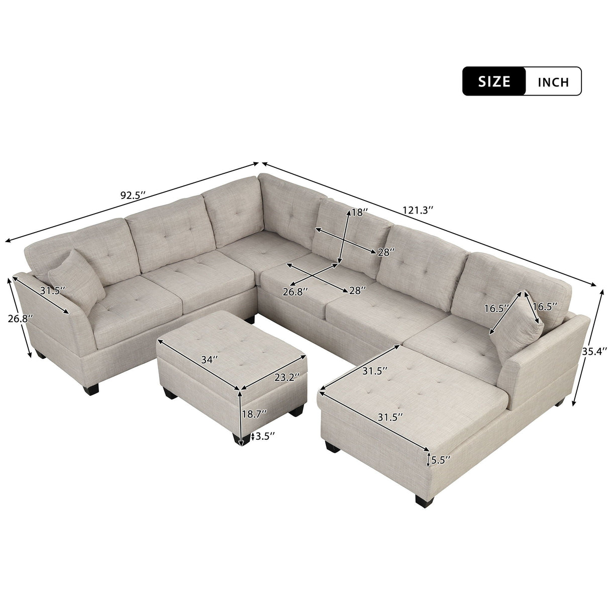 Oversized Sectional Sofa With Storage Ottoman, U-Shaped Sectional Couch With 2 Throw Pillows For Large Space Dorm Apartment by Couch.com