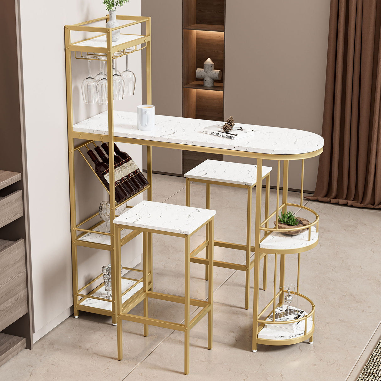 3 Piece Bar Table And Chairs Set, Modern Kitchen Bar Height Dining Table Wood Breakfast Pub Table With Base With Shelves, Glass Rack, Wine Bottle Rack, With 2 Bar Stools - White / Gold by Couch.com
