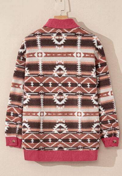 Retro Unique Geometric Print Corduroy Trim Button-Up Jacket Classic Modern Deep Rose Jacket