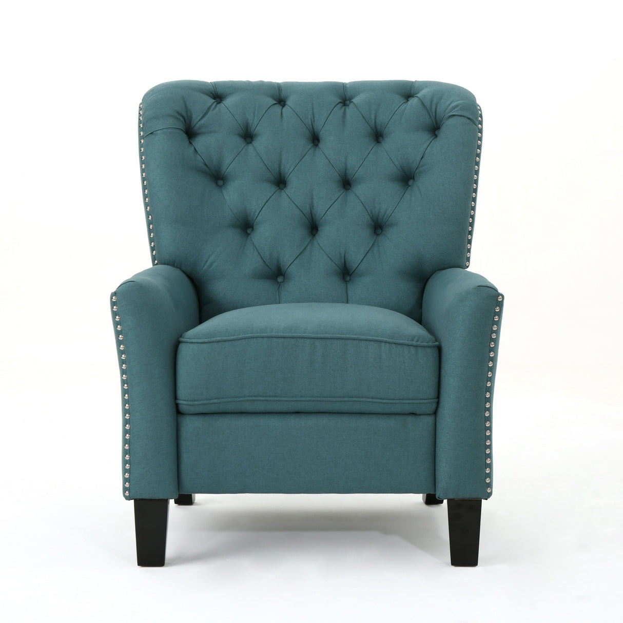 The Modern Push Back Recliner is a teal upholstered armchair with a button-tufted backrest and silver nailhead trim, featuring sleek armrests and black wooden legs, set against a white background.