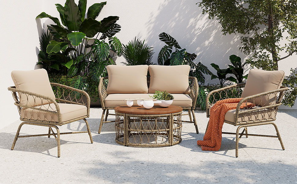 Bohemia-Inspired 4 Person Outdoor Seating Group With Removable Cushions, Conversation Patio Set With Wood Tabletop - Beige by Couch.com