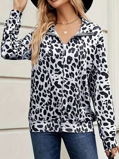 Modern Full Size Leopard Black White Collared Neck Zip Up Jacket Stylish & Comfortable Everyday Wear
