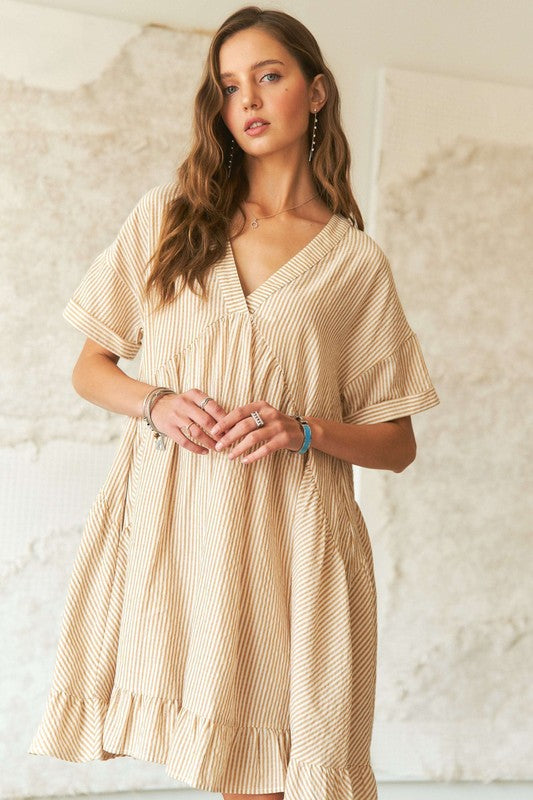 Ruffled Hem Striped V-Neck Babydoll Dress For Women – Playful, Chic, Versatile, Perfect for Casual to Semi-Formal Occasions