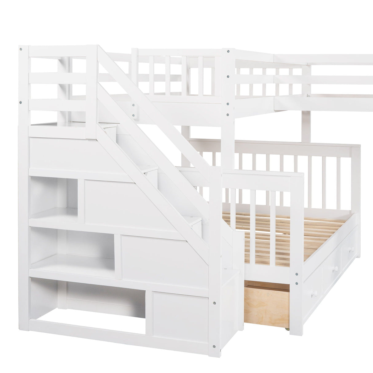 Solid L Shaped Bunk Bed With 3 Drawers, Ladder And Staircase by Couch.com