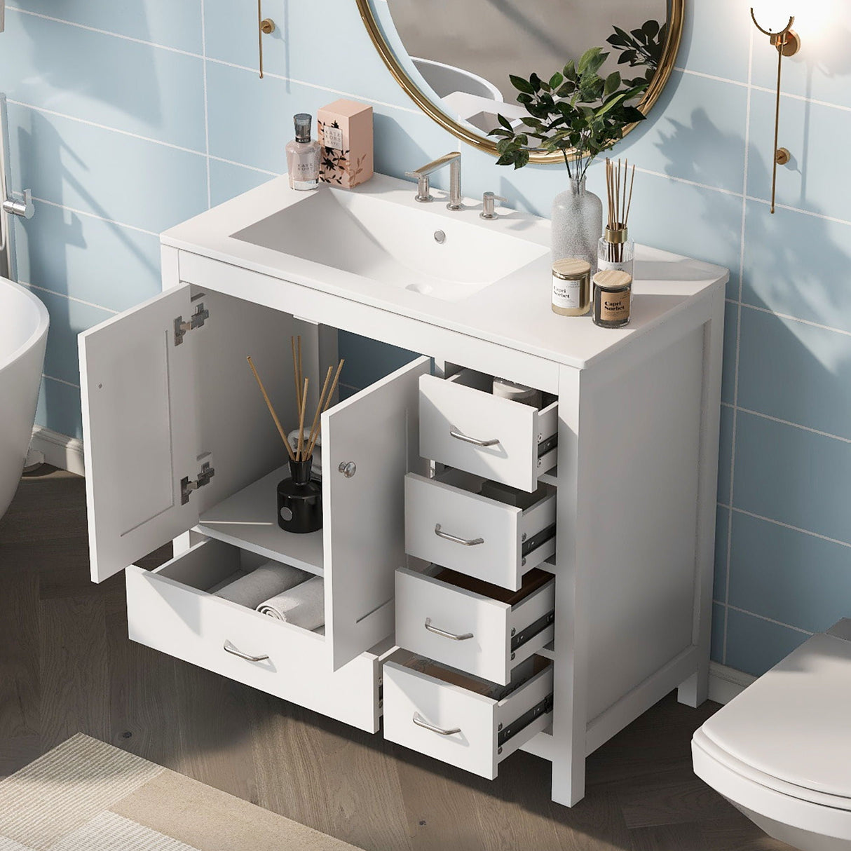 Bathroom Vanity With Ceramic Sink Combo, Abundant Storage Cabinet -2 Soft-Close Doors And 5 Drawers by Couch.com