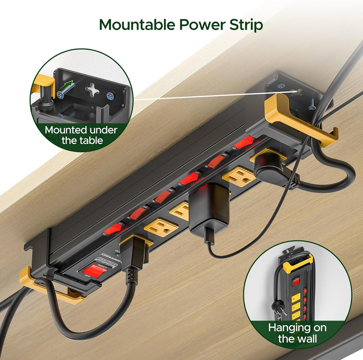 CRST 3300J Mountable Metal Surge Protector Power Strip with Recessed Individual Switches, 6FT Flat Plug Power Cord, ETL Listed