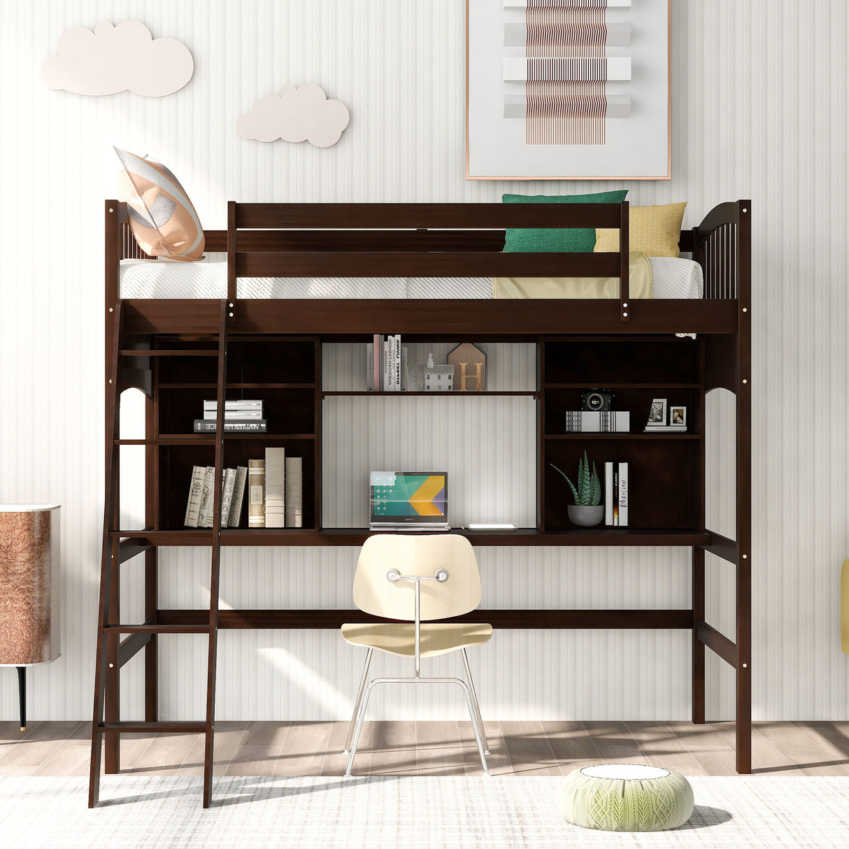 Loft Bed With Storage Shelves, Desk And Ladder by Couch.com