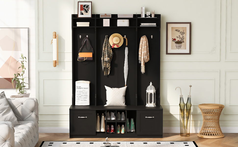 5 In 1 Entryway Bench With Coat Rack, 7 Sturdy Hooks, 2 Spacious Drawers And Adjustable Shelves by Couch.com