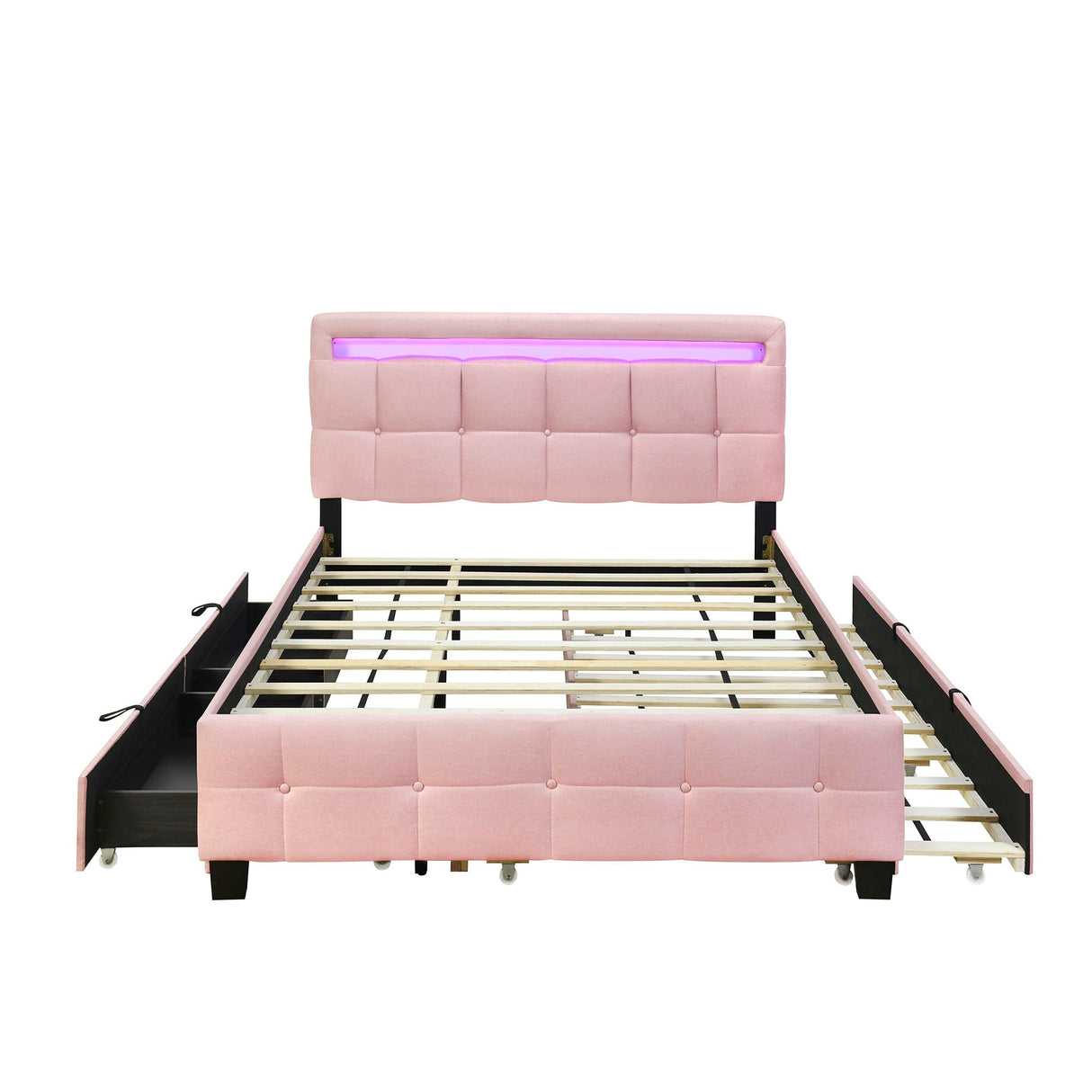 The Upholstered Platform Bed With LED Frame features a pink tufted headboard with a built-in LED light strip, four pull-out drawers (two on each side) for storage, and a visible slatted base for ample mattress space.