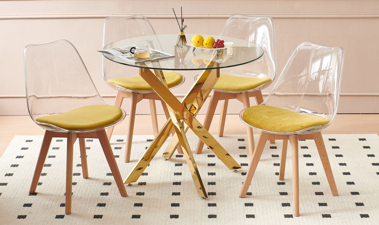 5 Pieces Dining Set, Table Metal Leg Dining Table For 4 - 6 People With Glass Table Top, Pedestal Dining Table, End Table Leisure Coffee Table - Golden by Couch.com