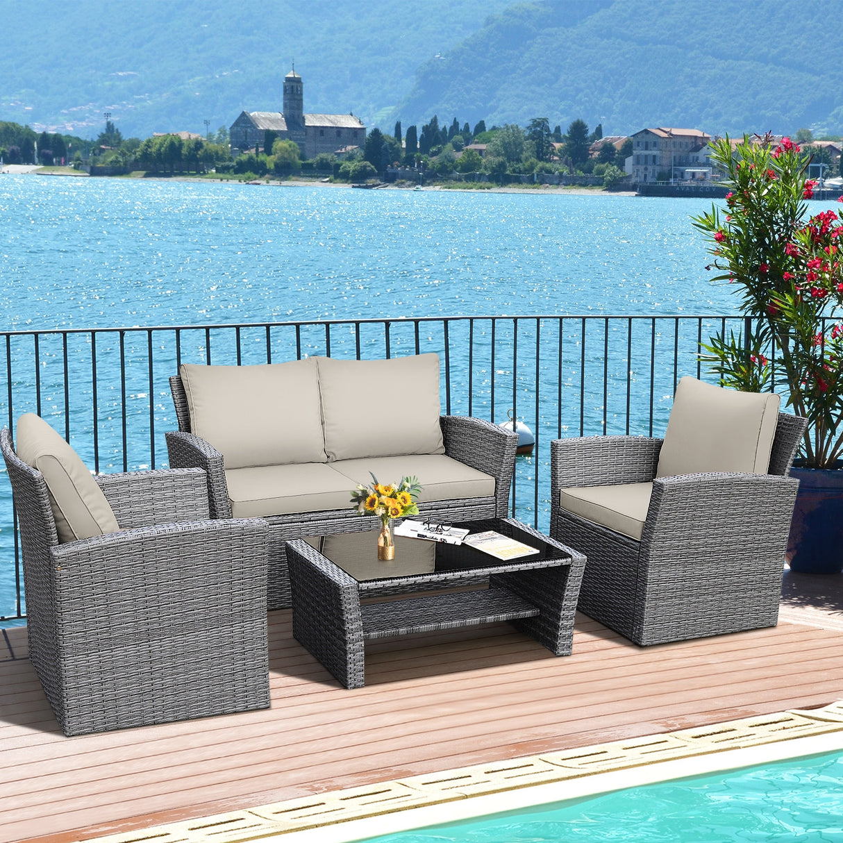 4 Pieces Patio Rattan Furniture Set Sofa Table with Storage Shelf Cushion-Gray