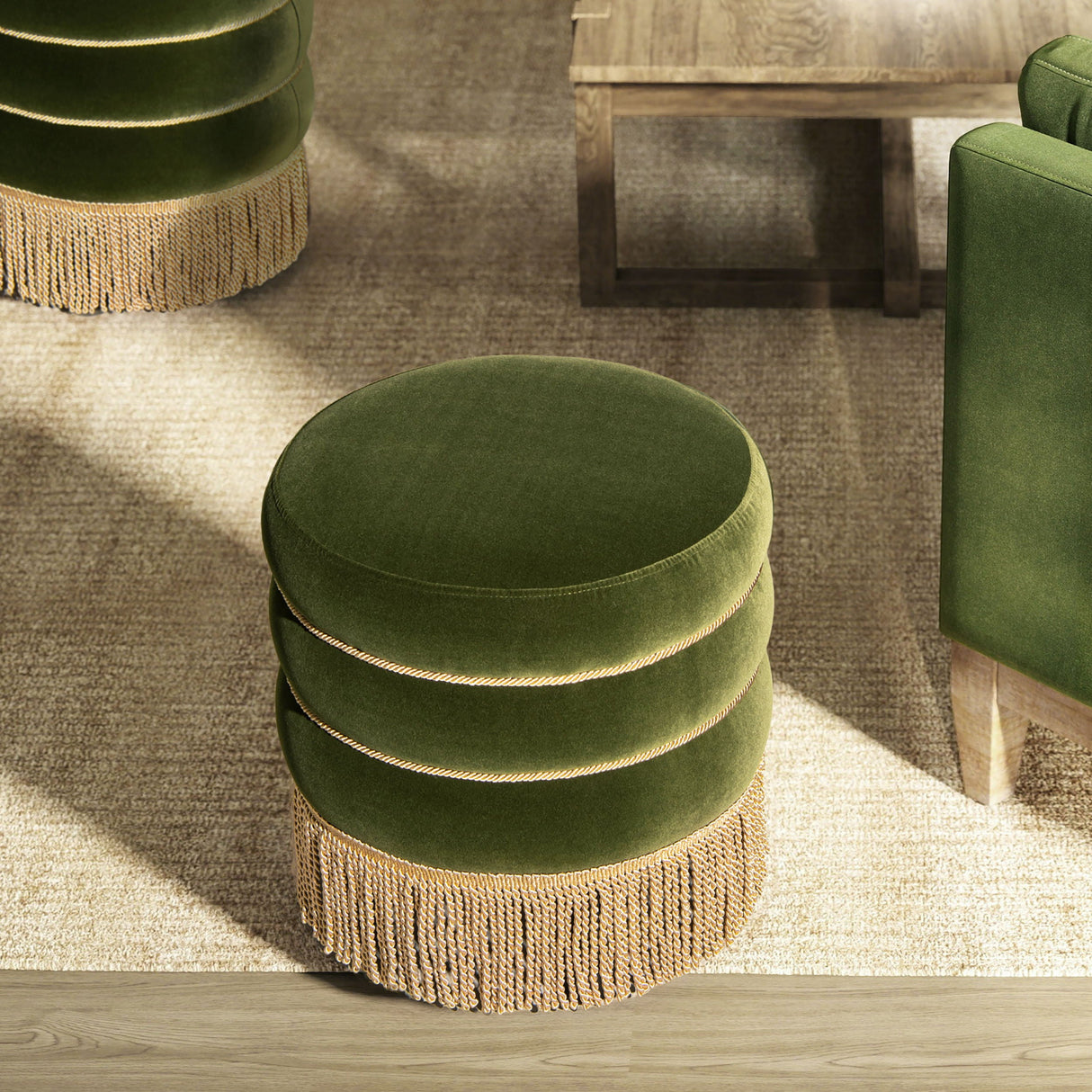 Edward - Round Upholstered Ottoman With Bullion Fringe - Olive Green by Couch.com