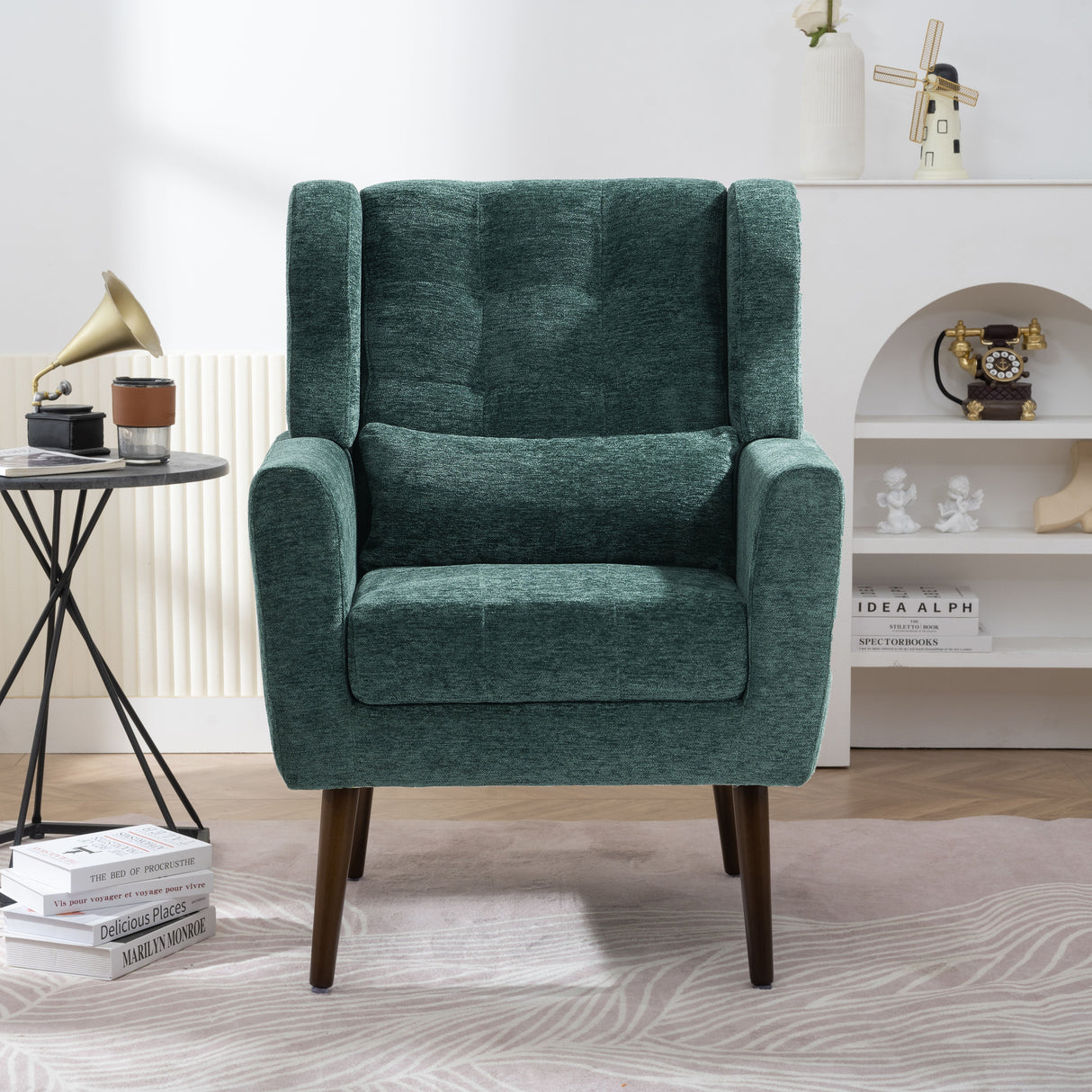 Modern Accent Chair, Chenille Arm Chairs For Living Room, Upholstered Mordern Armchair, Comfy Soft Padded Lounge Chair In Small Space, Bedroom, With Pillow, Solid Wood Leg by Couch.com