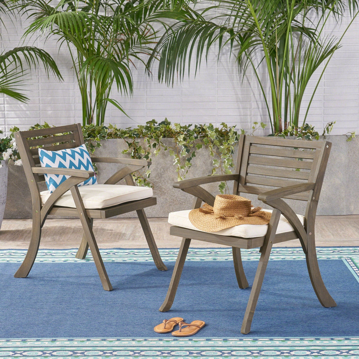 Helen Outdoor Acacia Wood Dining Chair Set of 2 - Gray / Creme
