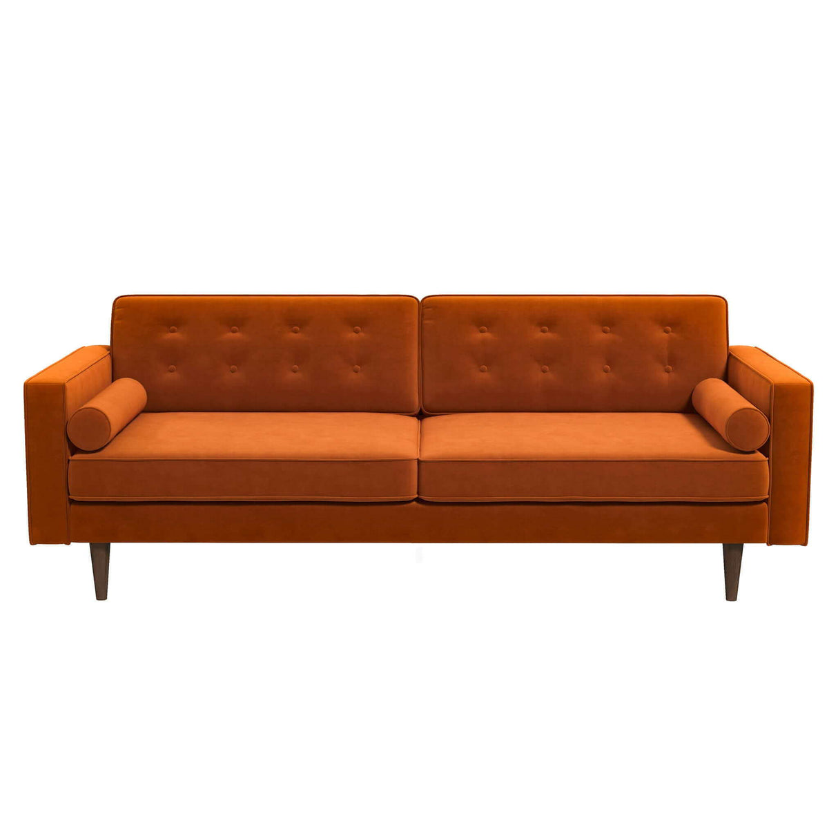 The Casey Mid Century Modern Sofa features an orange color with tufted cushions, two cylindrical bolster pillows, a sleek minimalist design, and wooden tapered legs.